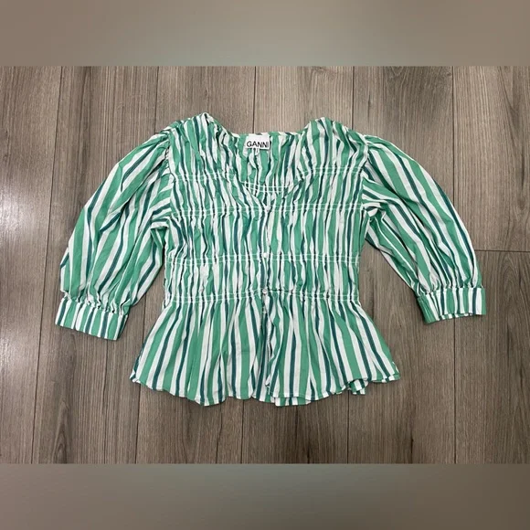 GANNI Creme de Menthe Stripe Cotton‎ V-Neck Fitted Blouse Sz UK 40/L - Picture 4 of 9